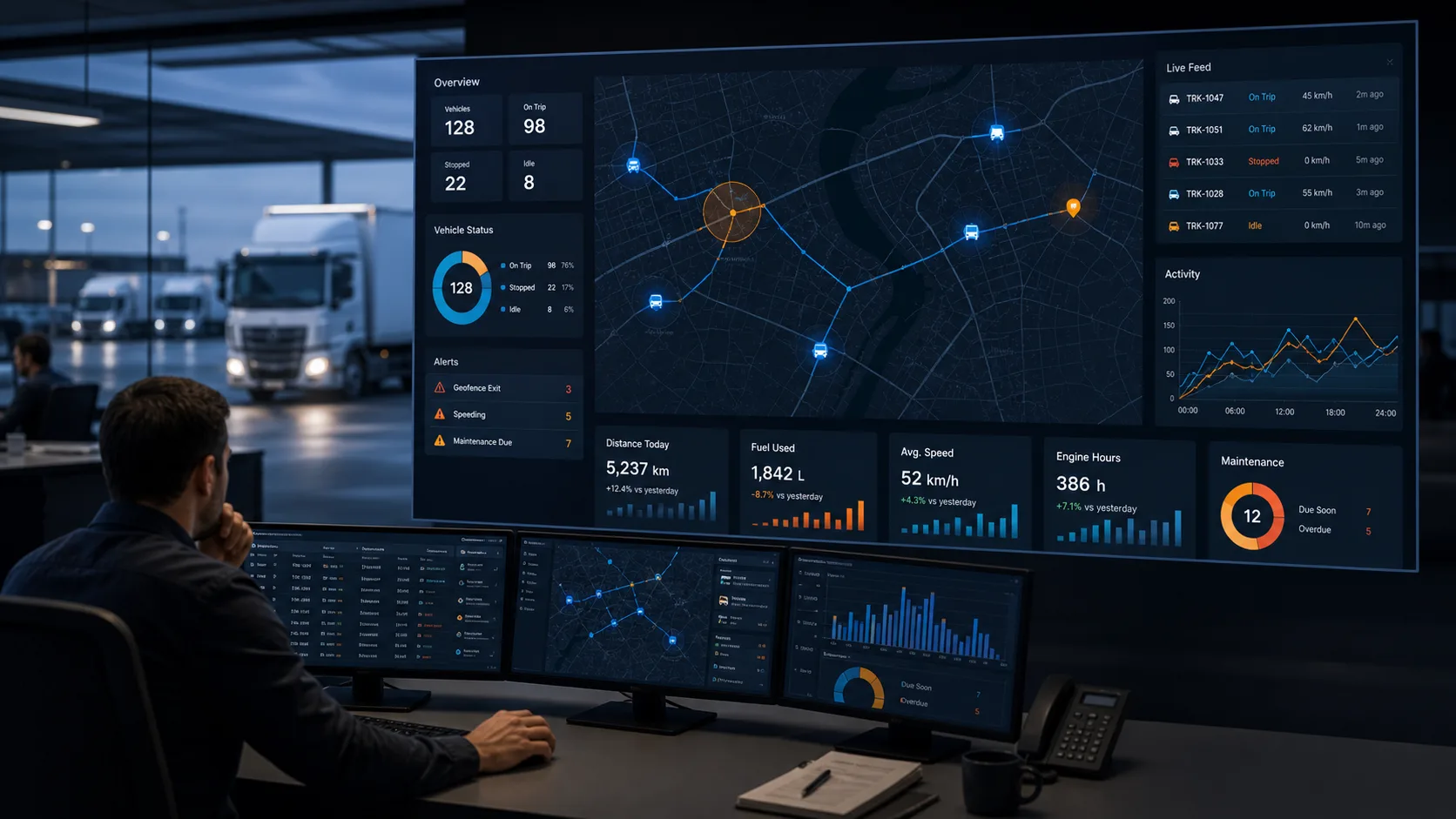 Phoenix Secure fleet dashboard showing live routes, vehicle activity and fleet alerts