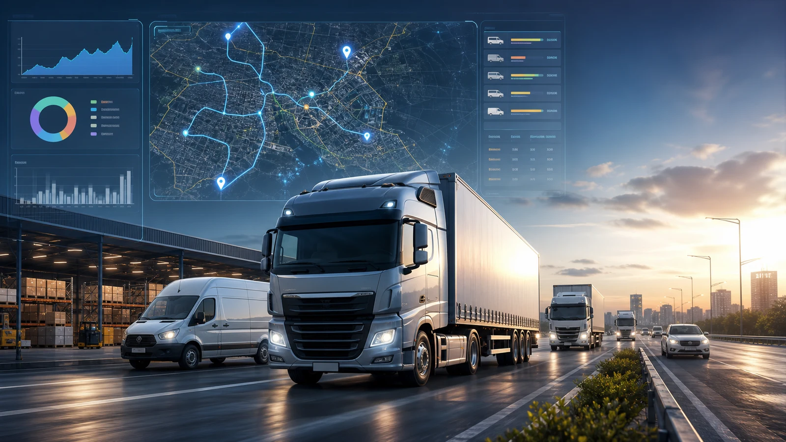Phoenix Secure fleet management visual with trucks, route history and dispatch visibility