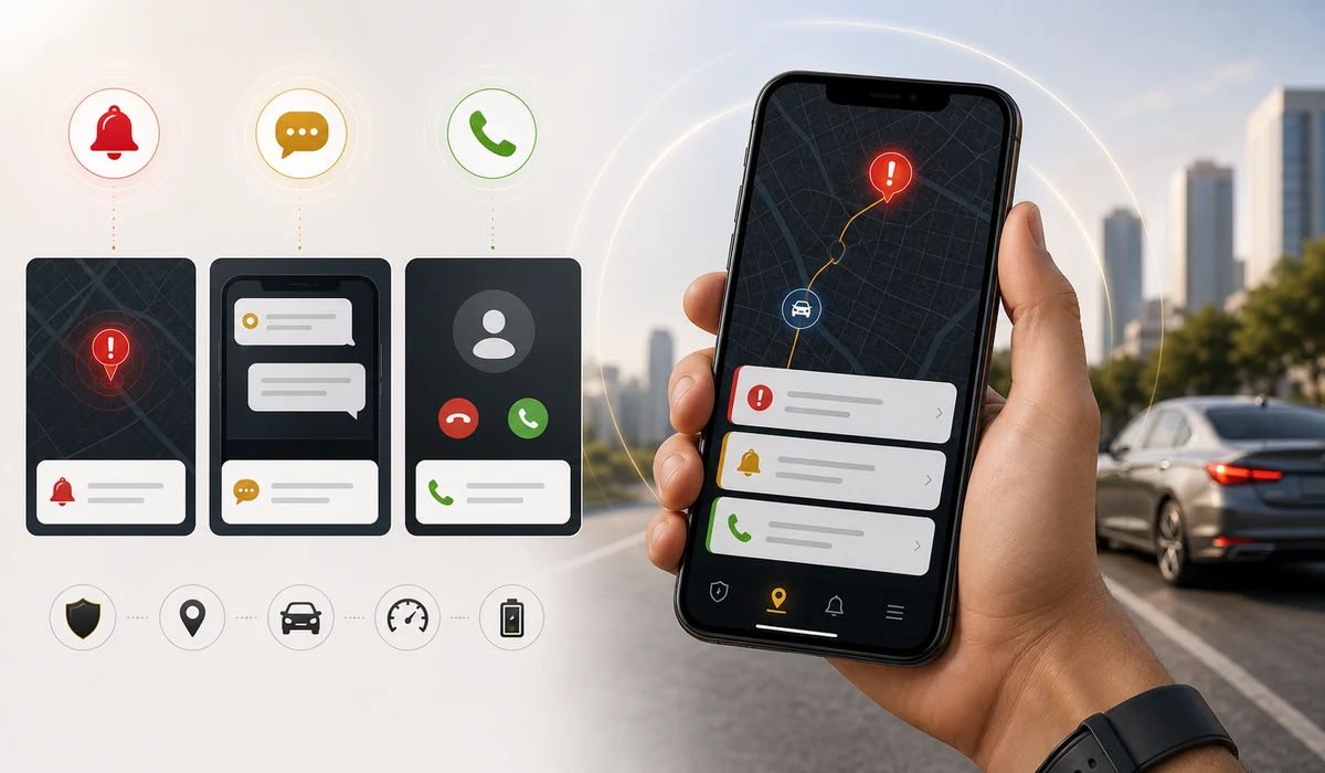 Notification and alert options visual showing app, SMS and voice alert concepts