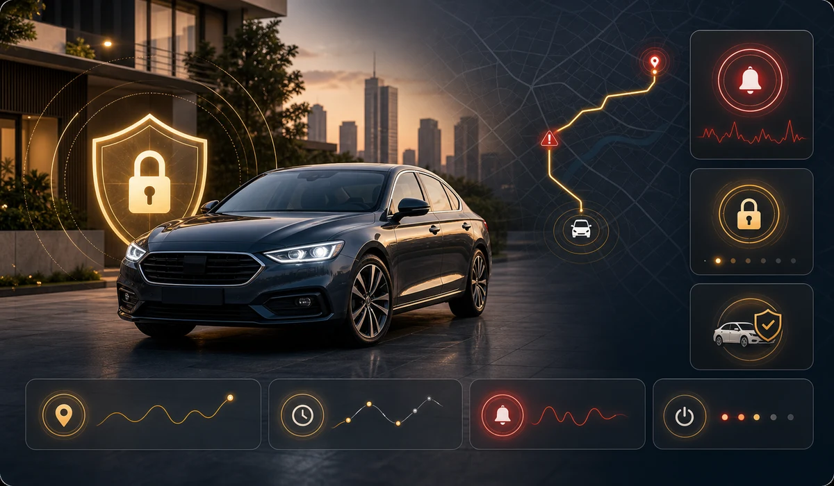 Anti-theft GPS feature visual with vehicle security alerts and route history