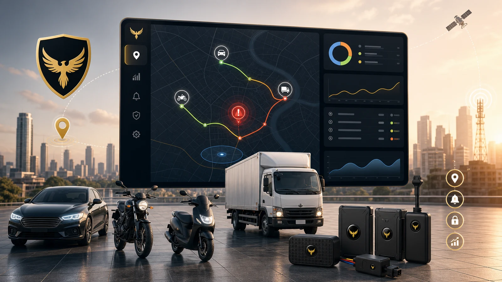 Phoenix Secure feature showcase visual with GPS dashboard, alerting and vehicle security context