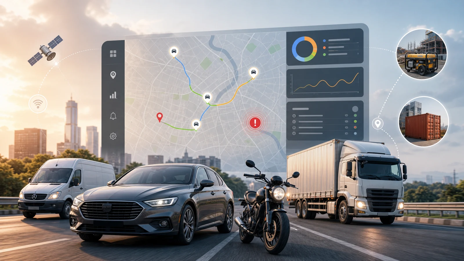 Phoenix Secure GPS tracking category visual showing cars, bikes, fleet vehicles and portable tracking with live map overlays