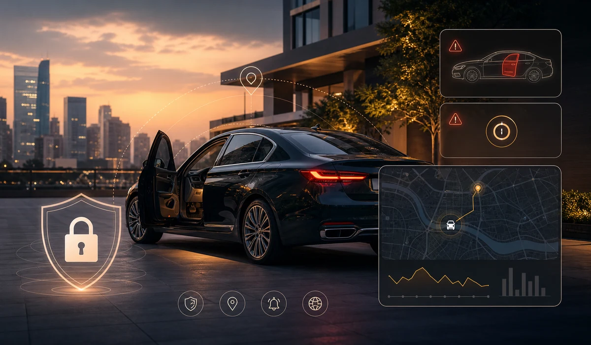Car anti-theft tracking visual with lock and shield style alert interface