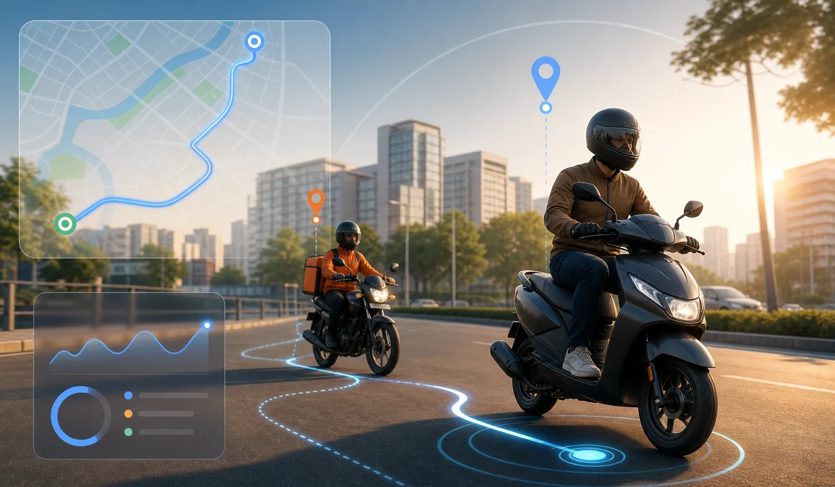 Bike and scooter tracking visual with clean GPS route overlay and live monitoring