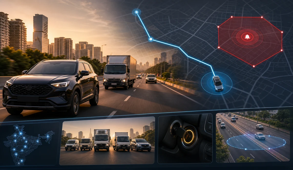 Wired vehicle tracking visual with live route history, ignition alert and geofence monitoring