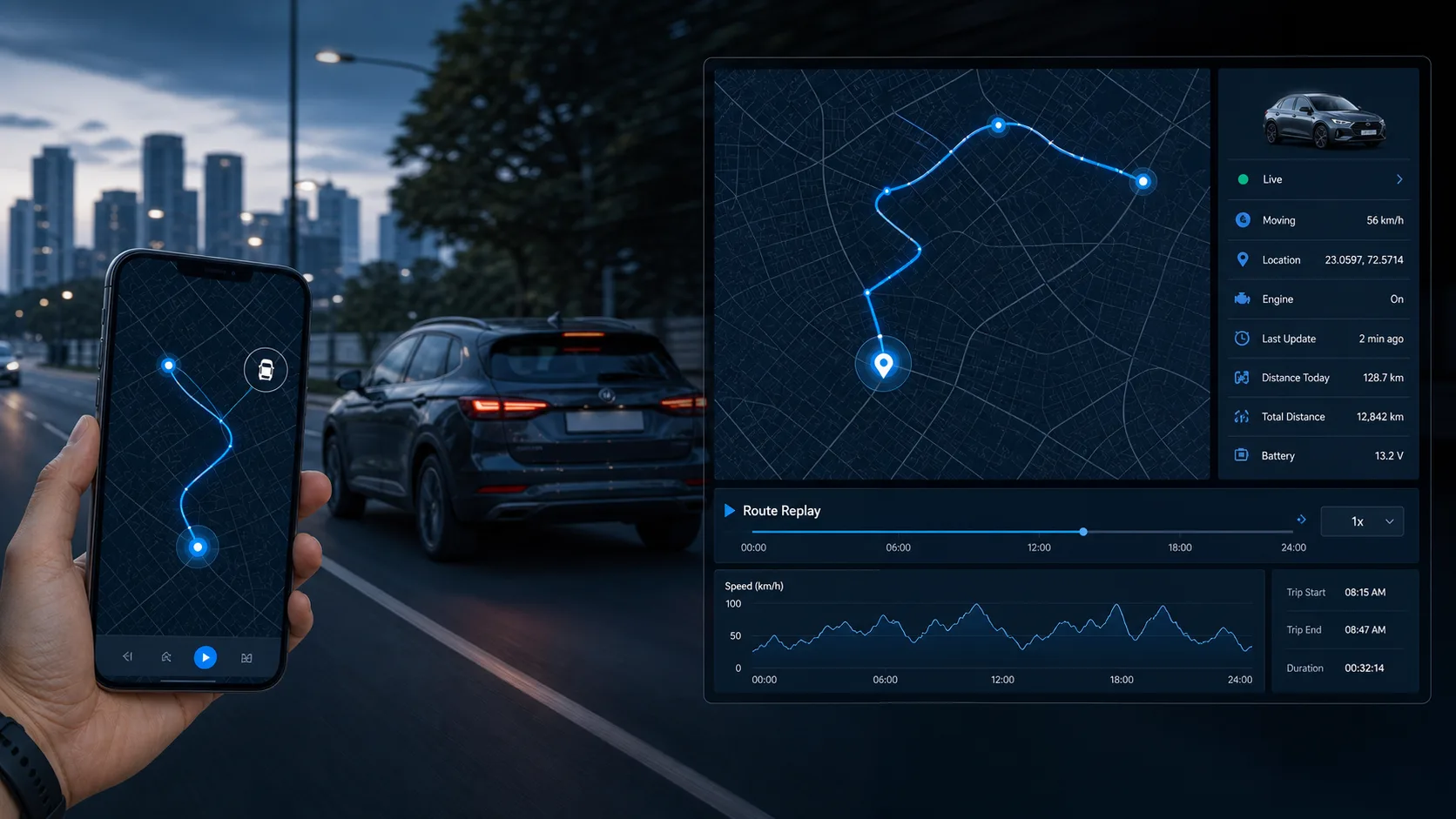 Live vehicle tracking map with route trace and movement monitoring